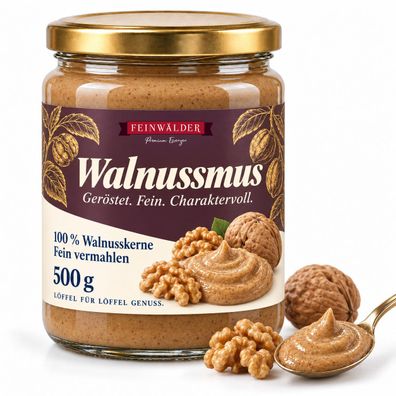 Feinwälder® Walnussmus 500 g Glas, 100 % Walnusskerne, Nussmus, Walnusscreme pur