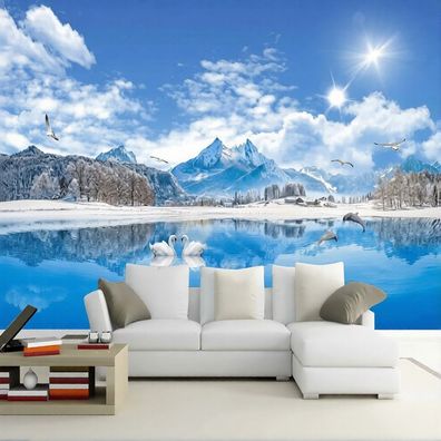 Fototapete Winter See Berge Schwäne Schnee Landschaft Wandbild Wohnzimmer 4945