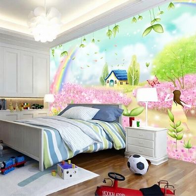 Fototapete Kinderzimmer Märchenland Regenbogen Blumen Wiese Wandbild Kinder 4946