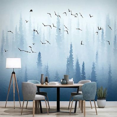 Fototapete Tannenwald Nebel Wald Vögel Natur Landschaft Wandbild Schlafzimmer 4952