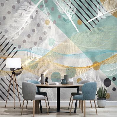 Fototapete Abstrakt Federn Geometrisch Gold Blau Wandtapete Wandbild Modern 4954