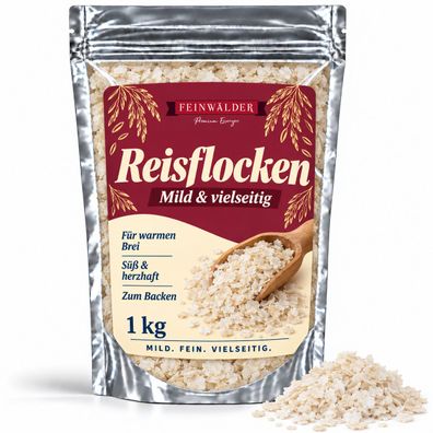 Feinwälder® Reisflocken 1 kg, zarte Flocken aus Reis für Brei, Müsli, Zip-Beutel
