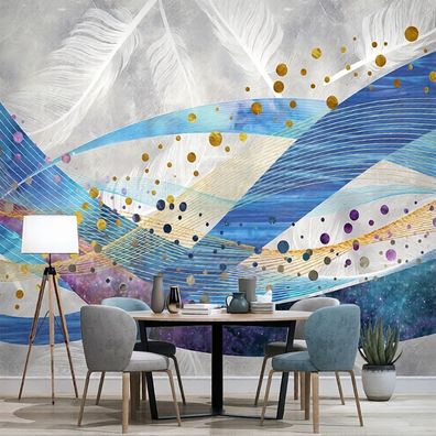 Fototapete Abstrakt Federn Blau Gold Wandtapete Modern Wandbild Wohnzimmer 4960
