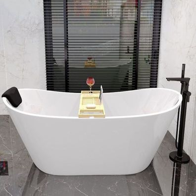 Freistehende Badewanne Wanne ROSSA 170x80 Kopfstütze Bambus Ablage Ablauf