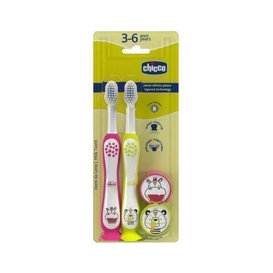 Chicco Kinderzahnbürsten Set 3-6 Jahre, Motiv: Hippo & Panda, 2er Pack