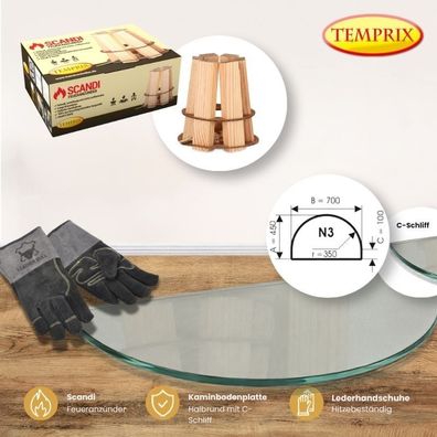 Kaminbodenplatte 45 x 70 cm Klar Glas + Kaminhandschuhe + Feueranzünder