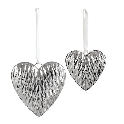 Deko Herzen 2er Set 14 und 10 cm Edelstahl in Diamanten-Optik zum Aufhängen