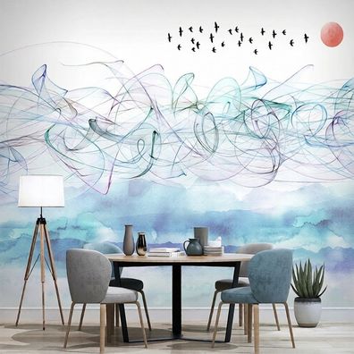 Fototapete Abstrakt Aquarell Linien Vögel Blau Rosa Wandtapete Modern XXL 4965