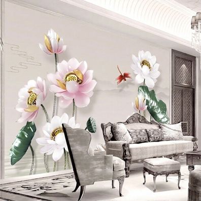 3D Lotusblumen Wandtapete Blumen Fototapete Wohnzimmer Schlafzimmer Vintage 4976