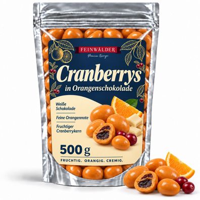 Feinwälder® Cranberrys in weißer Schokolade mit Orangengeschmack 500 g Zip-Beutel