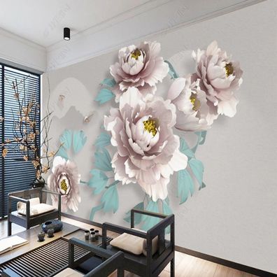 3D Blumentapete Pfingstrosen Blumen Floral Pastell Türkis Wandtapete 10919