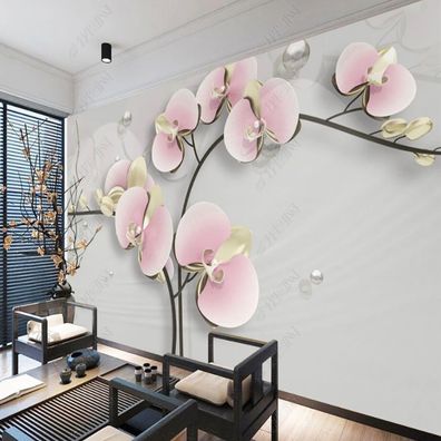 3D Orchideen Tapete Rosa Gold Blumen Floral Blüten Modern Wandtapete Luxus 10920