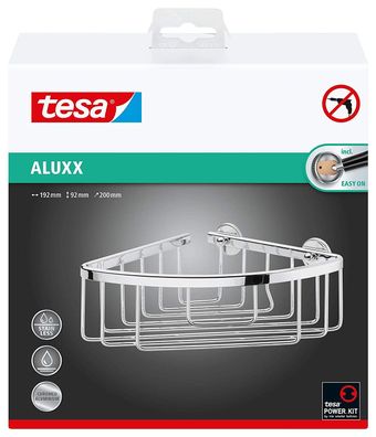 tesa ALUXX Eckduschkorb (NICHT BOHREN, Aluminium, verchromt, rostfrei, inkl. Klebelös