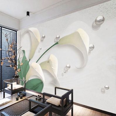 Weiße Fototapete Calla Blumen 3D Wohnzimmer Wandbild Modern Floral XXL 10921