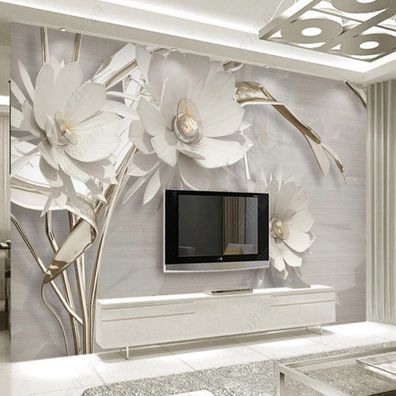Fototapete 3D Blumen Weiß Gold Wohnzimmer Wandbild Modern Floral XXL 10922