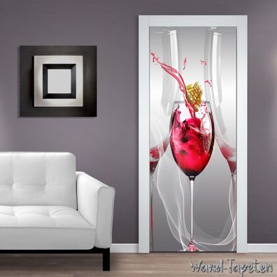 Türtapete 3D Rotwein Glas Wein Modern Tür Wandbild Wohnzimmer Deko XXL 10925