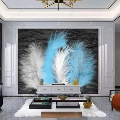 Fototapete Federn 3D Blau Weiß Schwarz Modern Wohnzimmer Wandbild XXL 10929