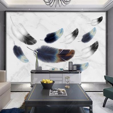 Fototapete Federn 3D Blau Weiß Schwarz Marmor Modern Wohnzimmer Wandbild 10931