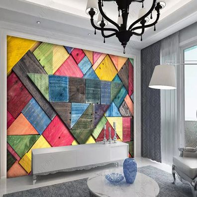 Fototapete Bunte Holzoptik 3D Wandbild Geometrisch Wohnzimmer Modern XXL 10933