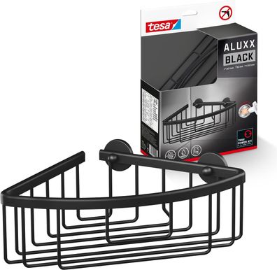 tesa ALUXX BLACK Eck-Duschablage zur Wandmontage ohne Bohren, schwarz matt - einstöck