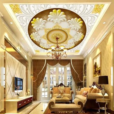 3D Deckenfototapete Barock Gold Weiß Ornamente Luxus Wohnzimmer Decke XXL 10937