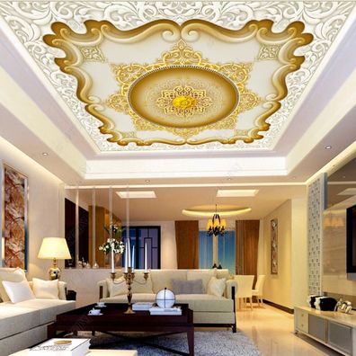 3D Deckenfototapete Barock Gold Weiß Ornamente Luxus Wohnzimmer Decke XXL 10938