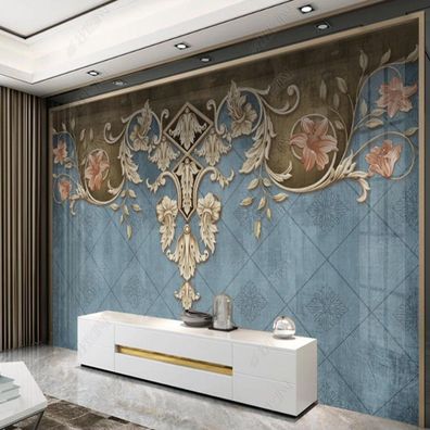 Fototapete Barock Blumen Blau Gold Ornamente Wohnzimmer Wandbild Luxus XXL 10939