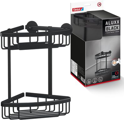 tesa ALUXX BLACK zweistöckige Eck-Duschablage zur Wandmontage ohne Bohren, schwarz ma