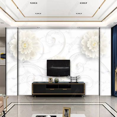 Fototapete 3D Blumen Weiß Marmor Floral Wandbild Wohnzimmer Schlafzimmer 10944