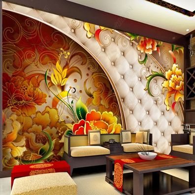 Fototapete Blumen Barock Gold Rot Luxus Wohnzimmer Wandbild Vintage XXL 10945