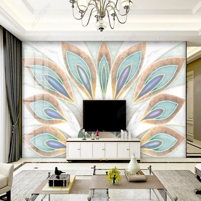 Fototapete 3D Blüten Blau Gold Marmor Wohnzimmer Wandbild Luxus XXL 10947