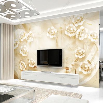 Fototapete Blumen Perlen Creme Gold Floral 3D Wohnzimmer Schlafzimmer 10948