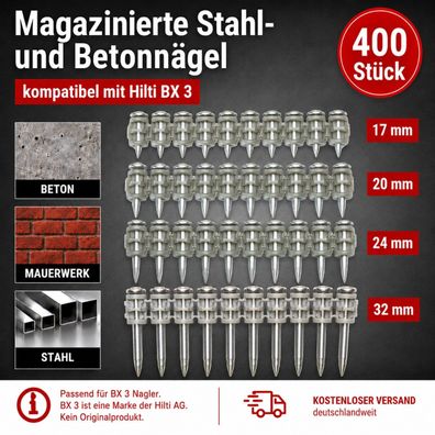 400x Hochleistungsnägel Beton & Stahl 17-32mm für Akku-Bolzensetzgerät