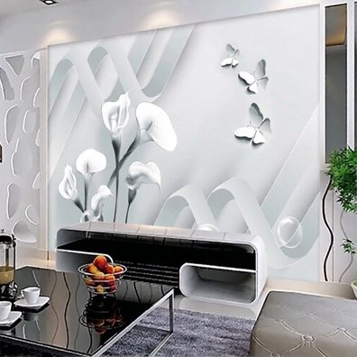 Fototapete Calla Blumen Weiß 3D Schmetterlinge Modern Wohnzimmer Wandbild 10950