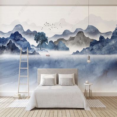 Fototapete Aquarell Berge Blau Landschaft See Baum Natur Wandbild XXL 10952