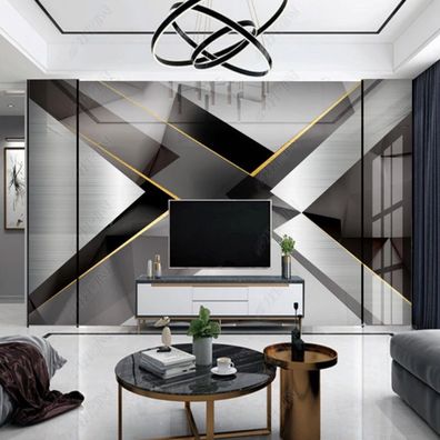 Fototapete 3D Geometrisch Schwarz Weiß Gold - Moderne Luxus Wanddekoration 10955