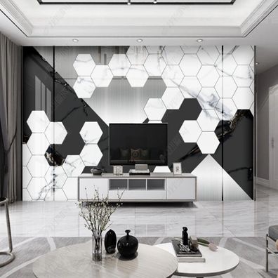 3D Wabenmuster Marmor Schwarz Weiß - Moderne Luxus Wandtapete Wohnzimmer 10958