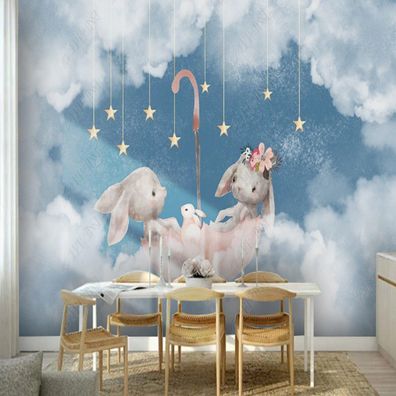 Fototapete Kinderzimmer Häschen im Wolkenhimmel - Süßes Babyzimmer Design 10964