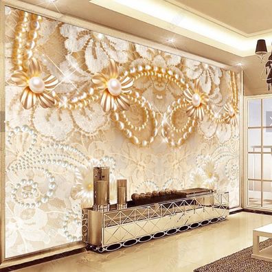Fototapete Barock Perlen & Spitze - Luxus Gold-Creme Design mit Blumen 10965