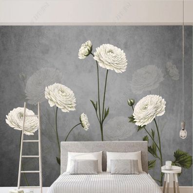 Fototapete Weiße Ranunkeln auf grauer Betonoptik - Elegantes Blumen-Design 10966
