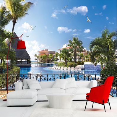 Fototapete Tropisches Luxus-Resort - Palmen, Pool & Meerblick unter blauem 10968