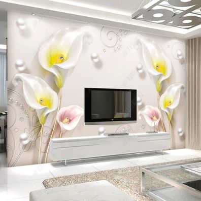 Fototapete Calla-Lilien & Perlen - Elegante 3D-Blumen-Wandtapete in Weiß 10974