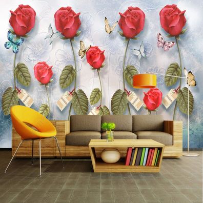 Fototapete Rote Rosen & Schmetterlinge - Romantisches Blumen-Design 10976