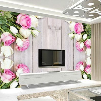 Fototapete Rosa & Weiße Rosen auf Holzoptik Romantische Blumen-Wandtapete 10977