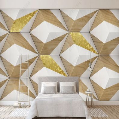 3D-Muster Holzoptik & Gold auf Weiß | Moderne Luxus-Wandtapete Wohnzimmer 10980
