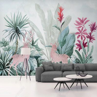 Fototapete Dschungel & Rosa Tiere - Exotisches Tropen-Design mit Pflanzen 10981