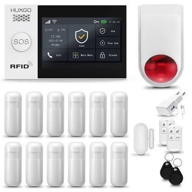 Alarm HXA007, Alarmanlage Haus WiFi + GSM 2G mit Sirene, 12x Bewegungsmelder für Haus
