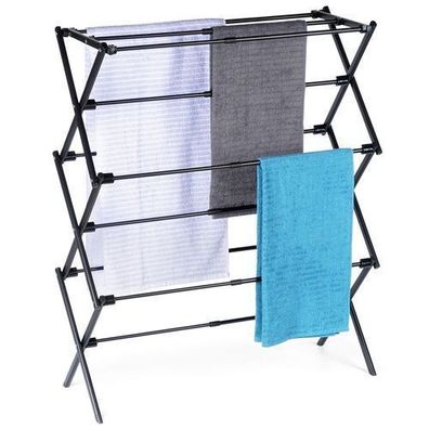 Schwarzer, vertikaler Wäschetrockner aus Metall, ausziehbar, 47-78 x 94 cm