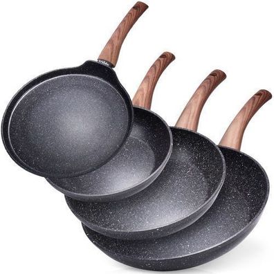 Granit-Bratpfannenset 20 / 24 / 28 cm + Pfannkuchenpfanne 24 cm BLACK&WOOD 4-teilig