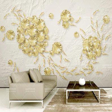 Fototapete Goldene Blumen & Blätter - Elegantes 3D-Blumenrelief in Weiß 10984